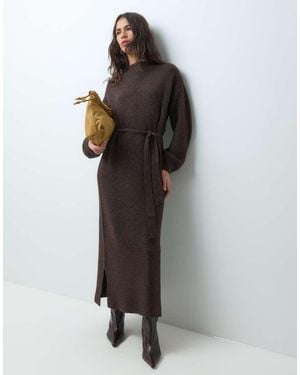 Vila Tie Waist Chunky Knitted Maxi Dress - Brown
