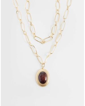 ASOS Multi-Row Necklace With Large Burgundy Resin Pendant - White