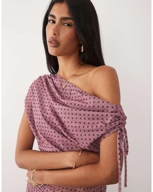 ASOS Co-Ord Printed Mesh Ruched Shoulder Cinched Waist Top - Red