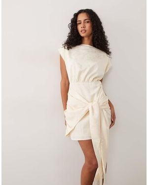 Pretty Lavish Hattie Jacquard Cap Sleeveless Fringe Tie Detail Mini Dress - Natural