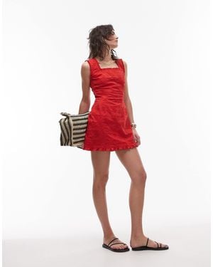 TOPSHOP Square Neck Embroidery Mini Dress - Red
