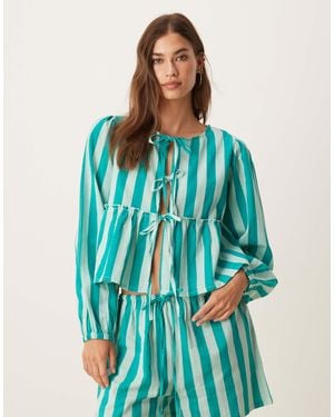 esmé studios Esmee Exclusive Tie Front Long Sleeve Beach Top Co-ord - Blue