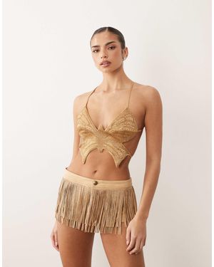 Oh Polly Hatler Neck Tie Back Embellished Butterfly Top - Natural