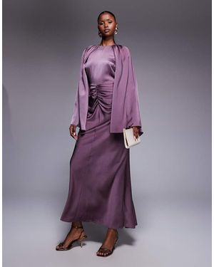 ASOS Satin Long Sleeve Maxi Dress With Central Ruched Skirt - Purple