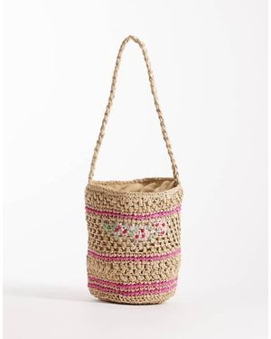 ASOS Bolso Bombonera Beis De Paja Con Detalle Floral De Croché Hecho A Mano De - Blanco