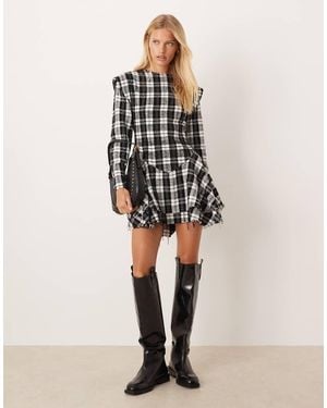ASOS Geruite Mini-Jurk Met Rechte Hals, Verlaagde Taille En Distressed Zoom - Naturel