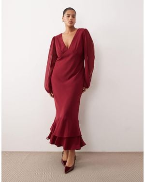 Lace & Beads Plus Chiffon Balloon Sleeve Plunge Neck Ruffle Hem Maxi Dress - Red