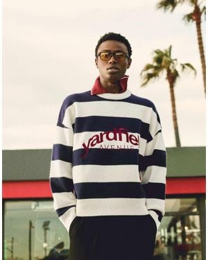 Bershka Embroidered Striped Round Neck Jumper - White