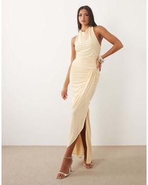TFNC London Slinky Cowl Neck Ruched Backless Ruched Detail Maxi Dress - Natural