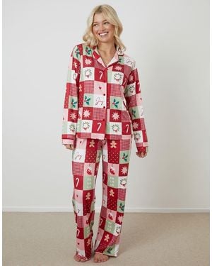 Threadbare Patchwork Print Long Button-Through Christmas Pyjamas (2-Piece Set) - Red