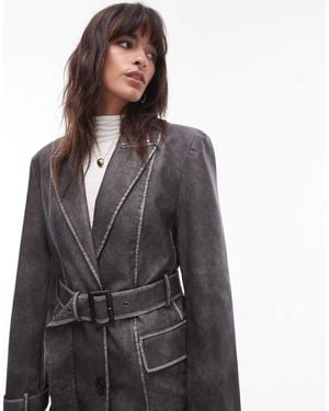 TOPSHOP Gabardina Negro Lavado Con Cinturón De Cuero Sintético De - Gris
