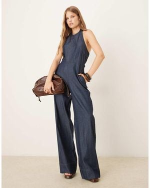 Mango Denim Halterneck Jumpsuit - Blue