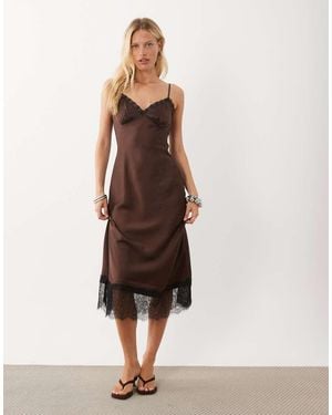 New Look Lace Trim Strappy Satin Midi Dress - Natural
