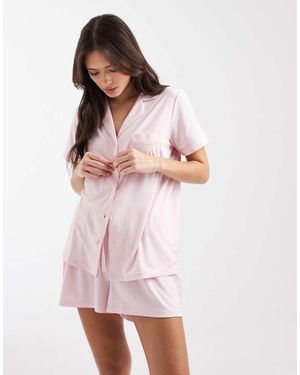 Loungeable Conjunto Rosa Apagado De Camisa De Manga Corta Y Pantalones Cortos De Punto Liso Muy Suave De