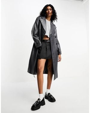 Bershka Worn Faux Leather Trench Coat - Grey