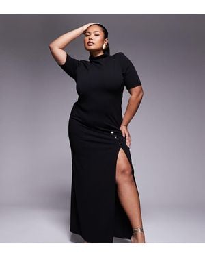 ASOS Asos Design Curve High Neck Maxi Pencil Dress With Short Sleeves And Large Gold Button Detail Split - Blue