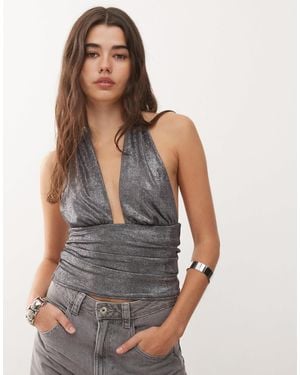 Weekday Shimmer Deep Halter Neck Top - Gray