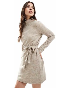 Vero Moda High Neck Knitted Mini Dress With Tie Waist - Natural