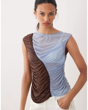 ASOS Mesh Ruched Color Block Tank Top - Blue