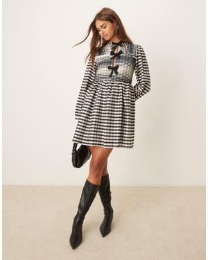 Ghospell Bobbi Check Bow Mini Dress - Natural