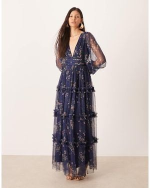 LACE & BEADS Deep V-neck Sheer Bell Sleeve Maxi Dress - Blue
