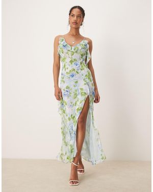 Mango V-Neck Ruffle Botanical Printed Dress With Side Split - White