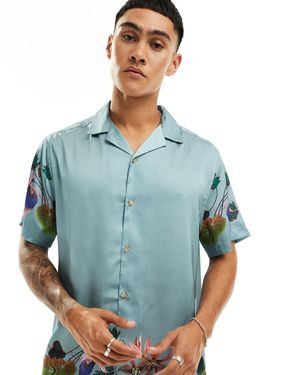 ASOS – locker geschnittenes hemd mit floralem bordürenprint und reverskragen - Blau
