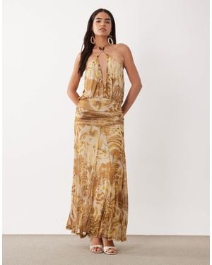 ASOS Printed Mesh Maxi Dress With Crossover Beaded Halter Detail - Natural