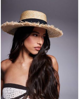 South Beach Straw Boater Hat With Contrast Band - Black