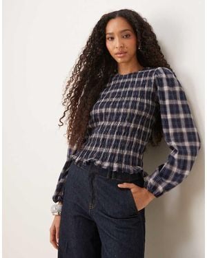 Jdy Blusa A Cuadros Vichy Azules De Manga Larga Con Detalle Fruncido De - Negro