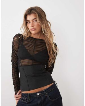 ASOS Bandage Top With Ruched Mesh Long Sleeves - Black