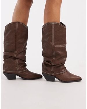 SEQWL Wide Fit Western Knee Boots With Rouching - Brown