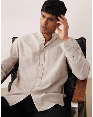 Jack & Jones Stand Collar Linen Blend Long Sleeve Shirt - Natural