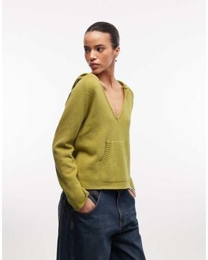 Collusion Deep Plunge Long Sleeve Knitted Hoodie - Green