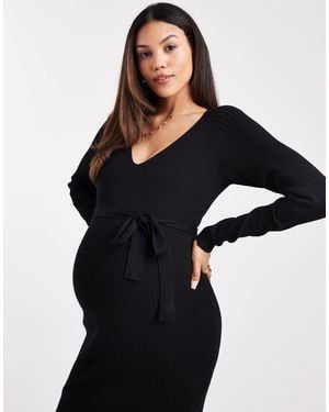 Vero Moda Rib Knitted Long Sleeve Midi Dress With Belt Detail - Black