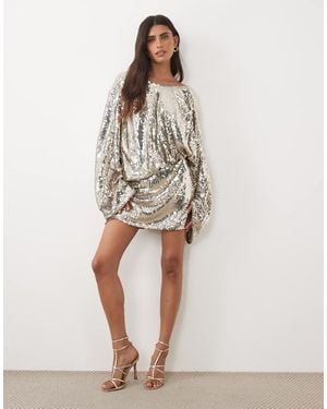 ASOS Batwing Inspired Mini Dress With Draped Front Bodice And Tassel Details - Natural
