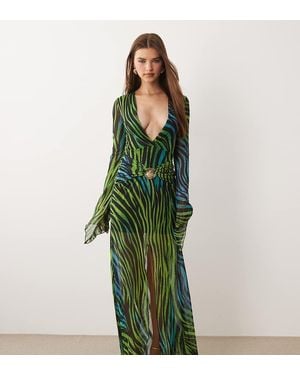 Kaiia Exclusive Plunge Long Sleeve Metal Hardware Detail Split Detail Maxi Dress - Green