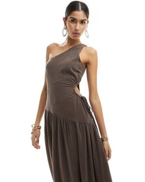 4th & Reckless Linen Mix One Shoulder Dropped Hem Side Cut Out Midaxi Dress - Brown