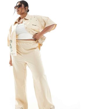 Renee Studio Plus Exclusive Wide Leg Linen Blend Trouser With Embroidered Trim Detail Co-Ord - Natural