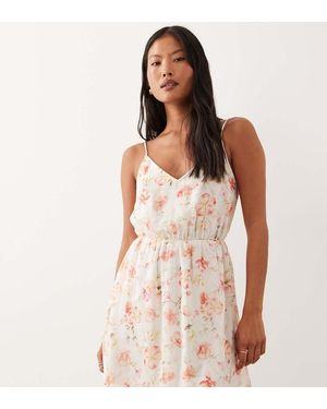 Vila Vestido Corto Blanco De Tirantes Con Estampado Floral De Tejido Liso - Rosa