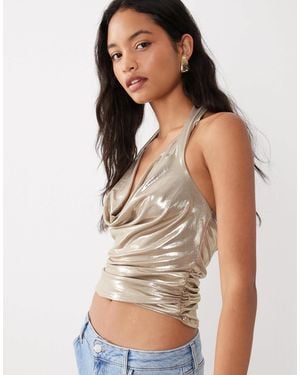 Miss Selfridge High Shine Halter Neck Top - Natural