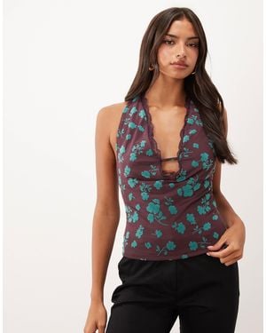 ASOS Flocked Cowl Top With Lace Trim - Black