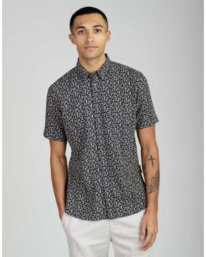 French Connection Linen Blend Leaf Print Short Sleeve Chest Pocket Shirt - Grey