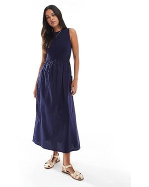 Threadbare High Neck Maxi Dress With Poplin Skirt And Waist Detail - Blue