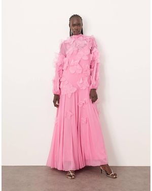 ARRANGE Applique Allover Floral Tie Neck Trapeze Maxi Dress - Pink