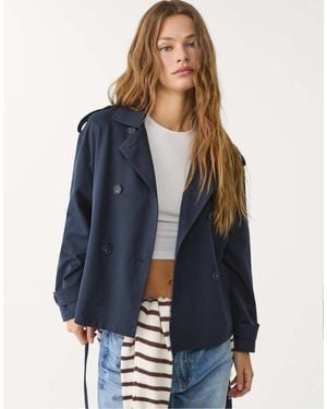 Stradivarius Cropped Trench Coat With Belt - Blue