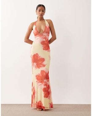 ASOS Deep V Plunge Mesh Maxi Dress - Pink