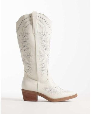 Glamorous Stivali Stile Western Al Ginocchio Color Crema Ricamati - Bianco