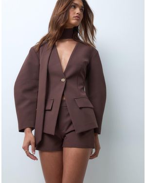 The Frolic Exclusive Scarf Detail Balloon Sleeve Blazer Set - Brown