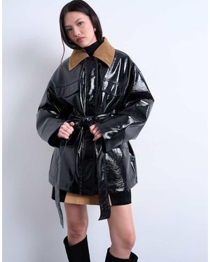 TOPSHOP Shacket Van Vinyl Met 4 Zakken En Contrasterende Kraag - Zwart